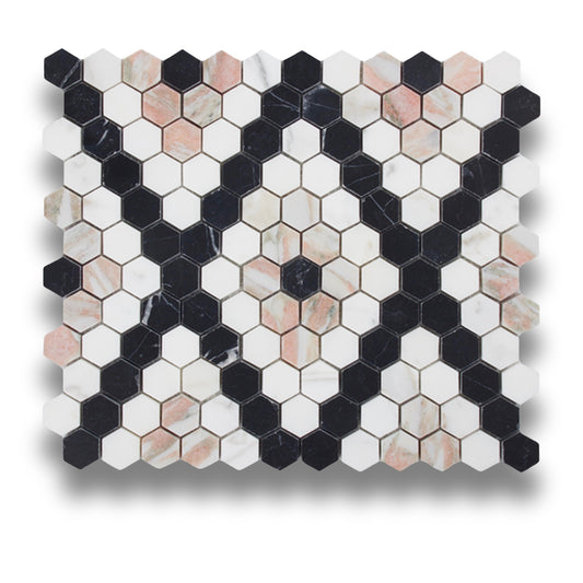 Hexagon Chip Calacatta Gold, Fiori Rosa & Nero Marquina Honed 25x25mm