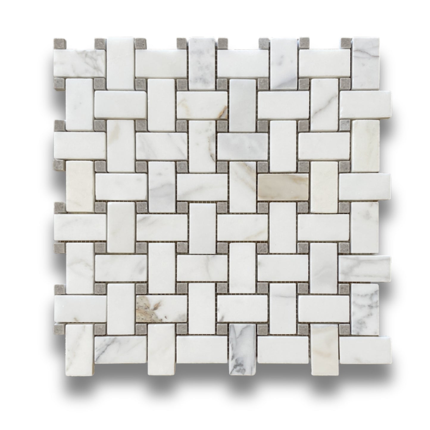 Basketweave Calacatta Gold with Cinder Dot Honed