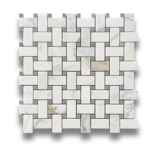 Basketweave Calacatta Gold with Cinder Dot Honed