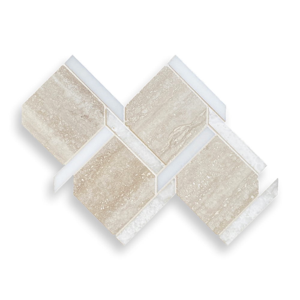 Pompon Weave Travetine Classic, Potamia Bianca & Vanilla Onyx Vein Cut Honed