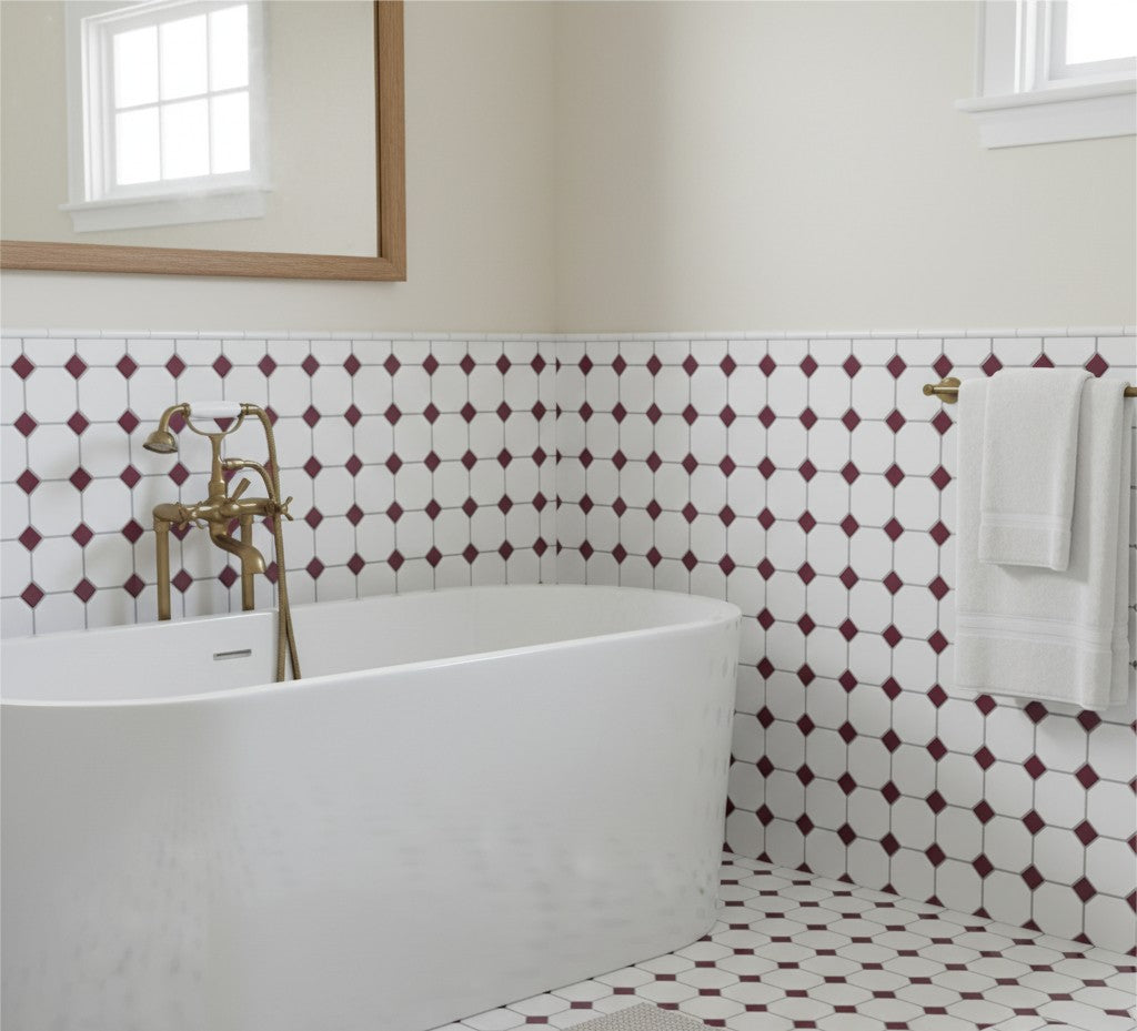 White Octagon Burgundy Matt Dot