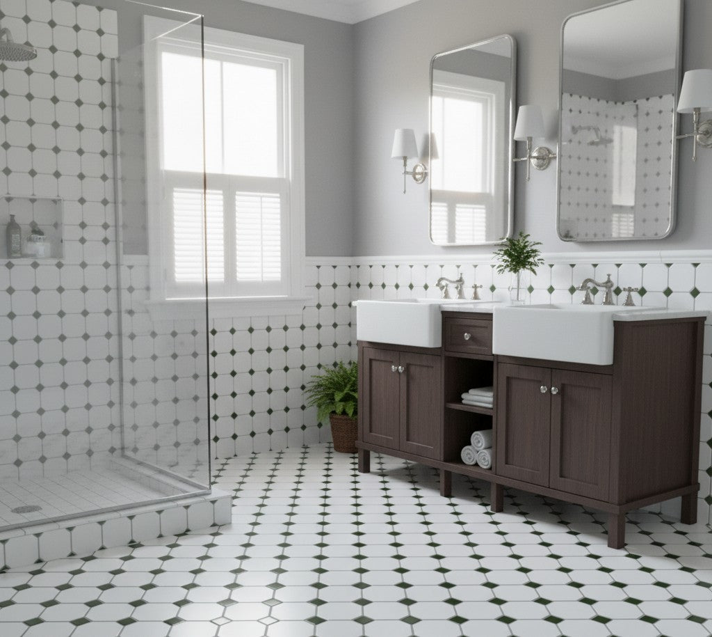 White Octagon Green Matt Dot