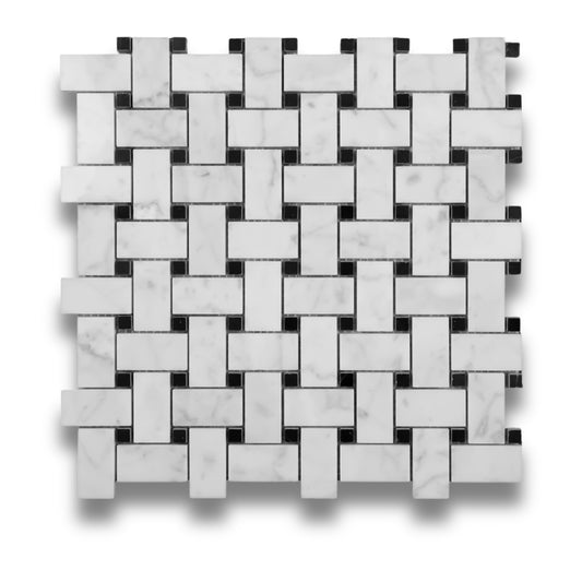 Basketweave Mixed Carrara and Nero Marquina Honed 25x48mm