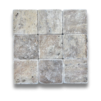 Stone Square Silver Travertine Tumbled 100x100mm