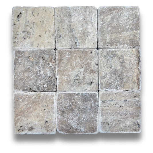 Stone Square Silver Travertine Tumbled 100x100mm